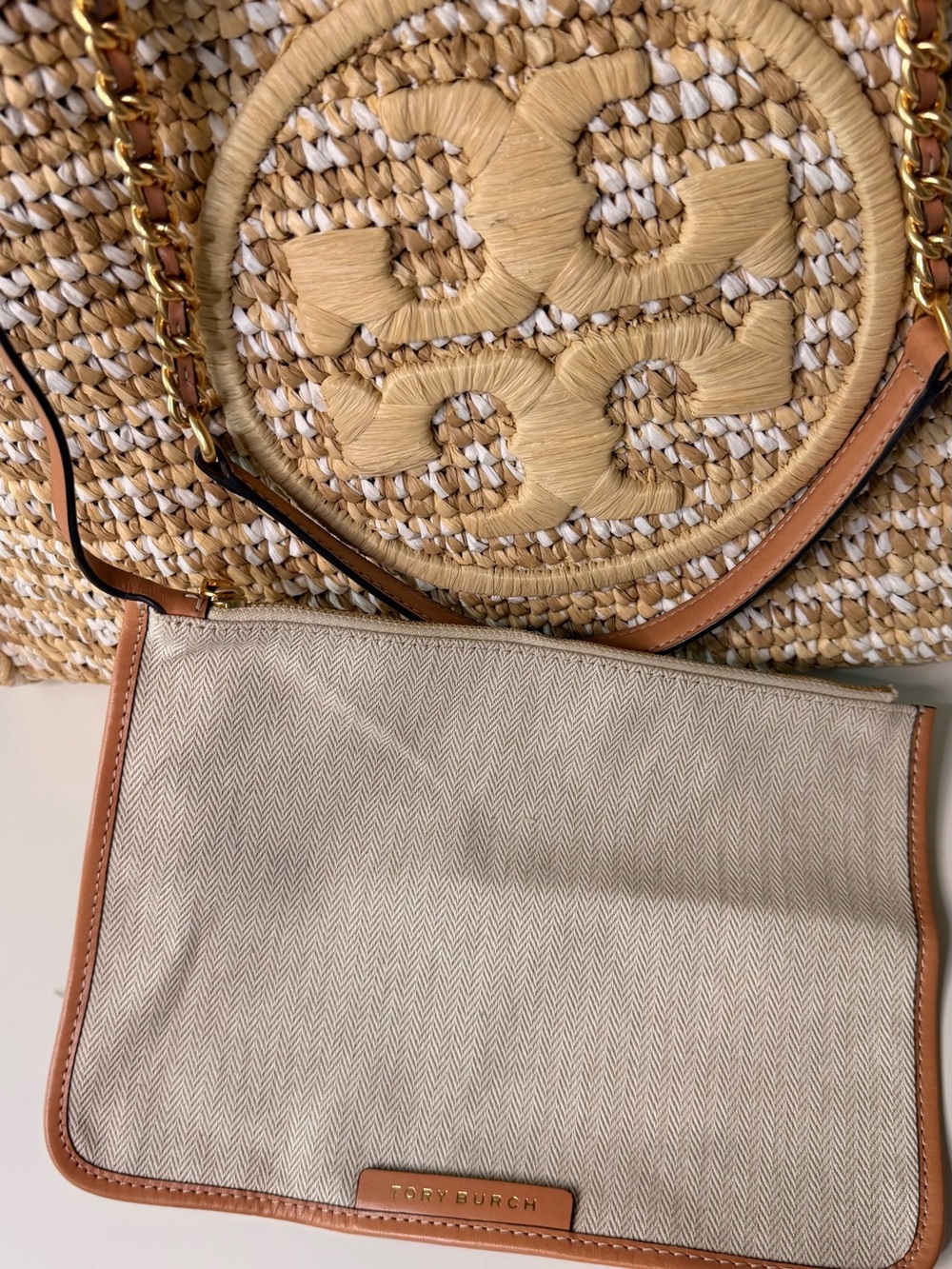 NWOT - Tory Burch Ella Raffia Tote - Cream & White - Picture 6 of 12
